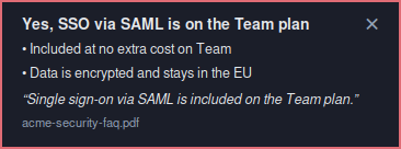 PipeVoice live answer card: Yes, SSO via SAML is on the Team plan, two points, and the quoted line from acme-security-faq.pdf.